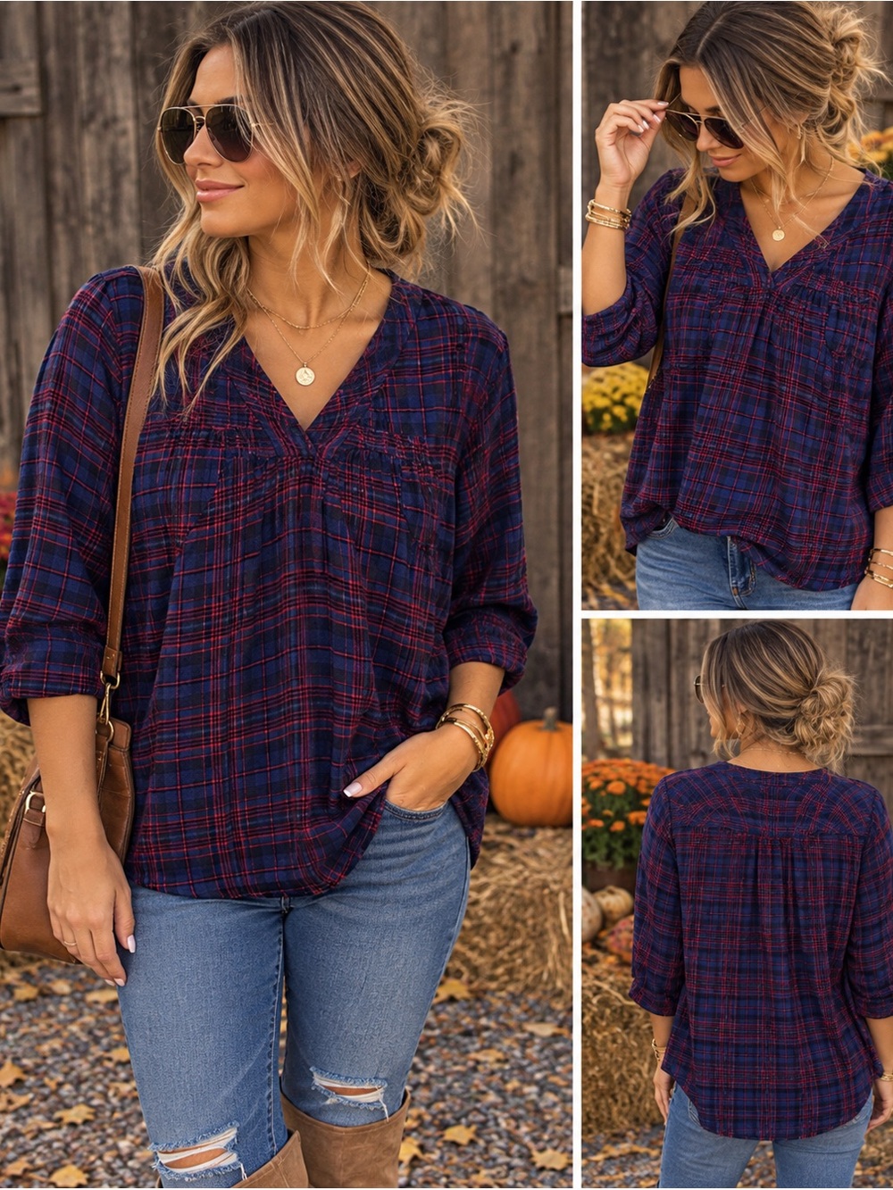 torrid Navy & Burgundy Plaid V-Neck Short Sleeve Top